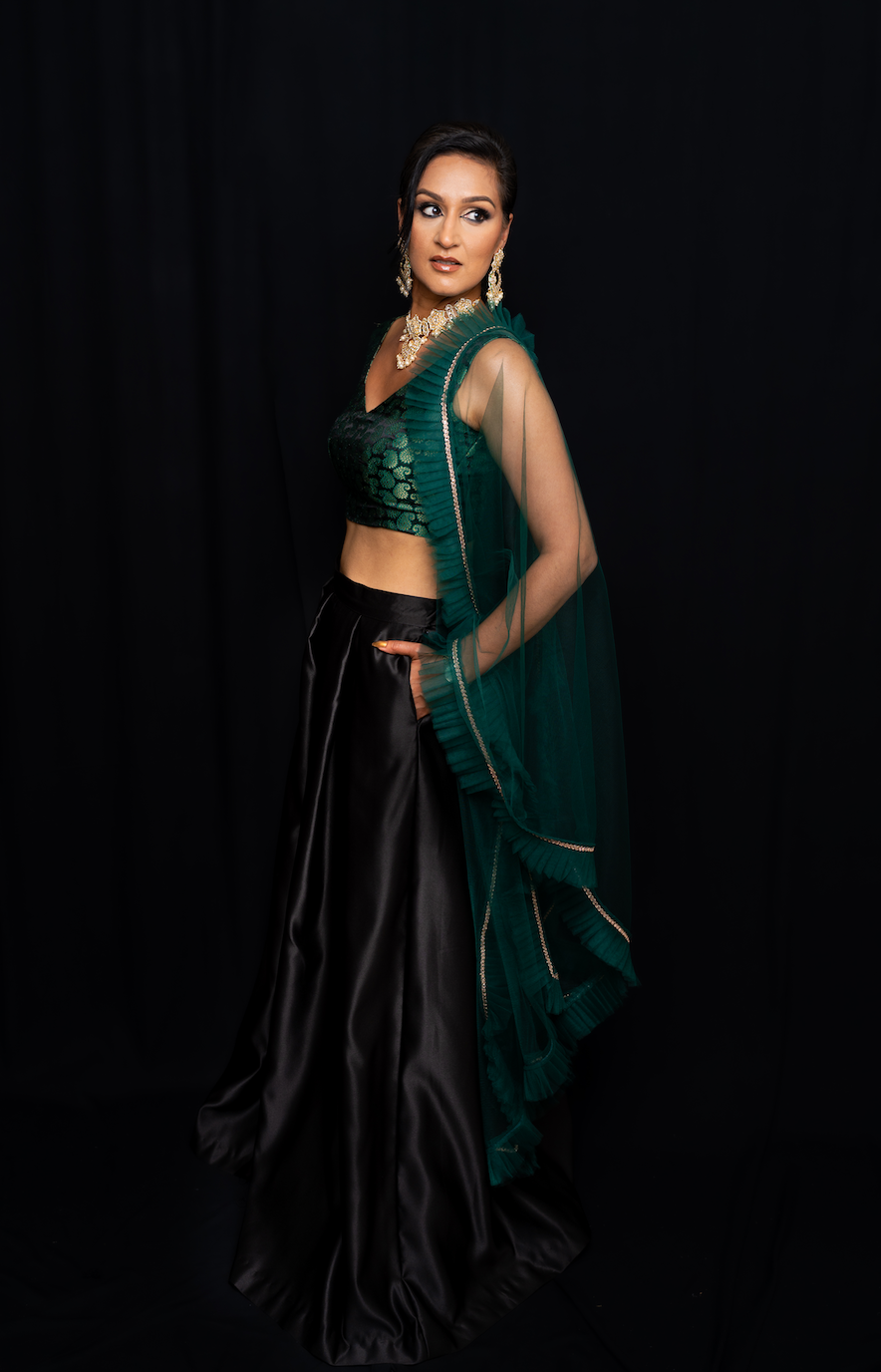 Black duchess satin boxpleat lehenga skirt