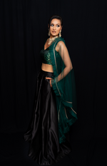 Black duchess satin boxpleat lehenga skirt