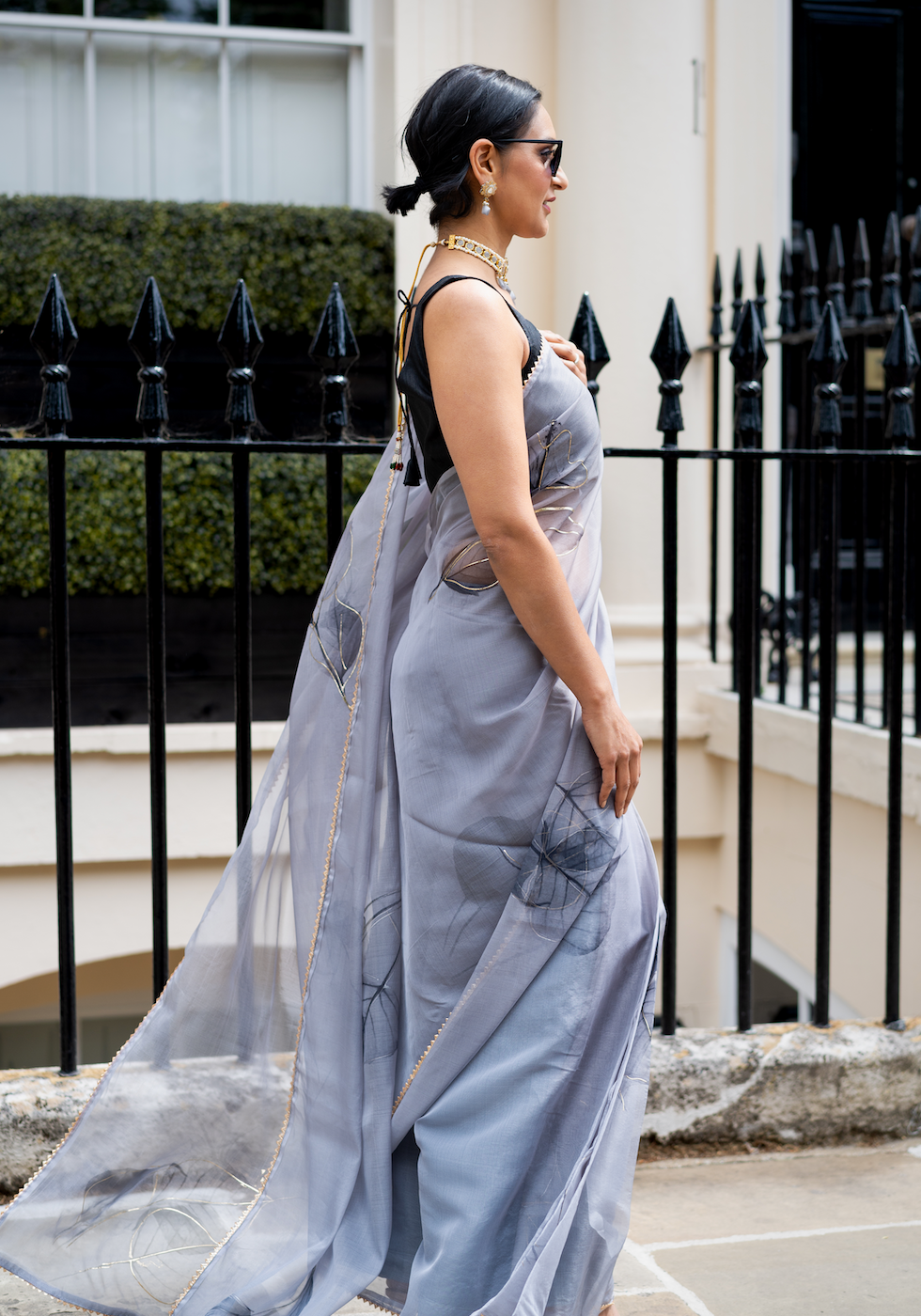 Grey and black pre-pleated organza sari