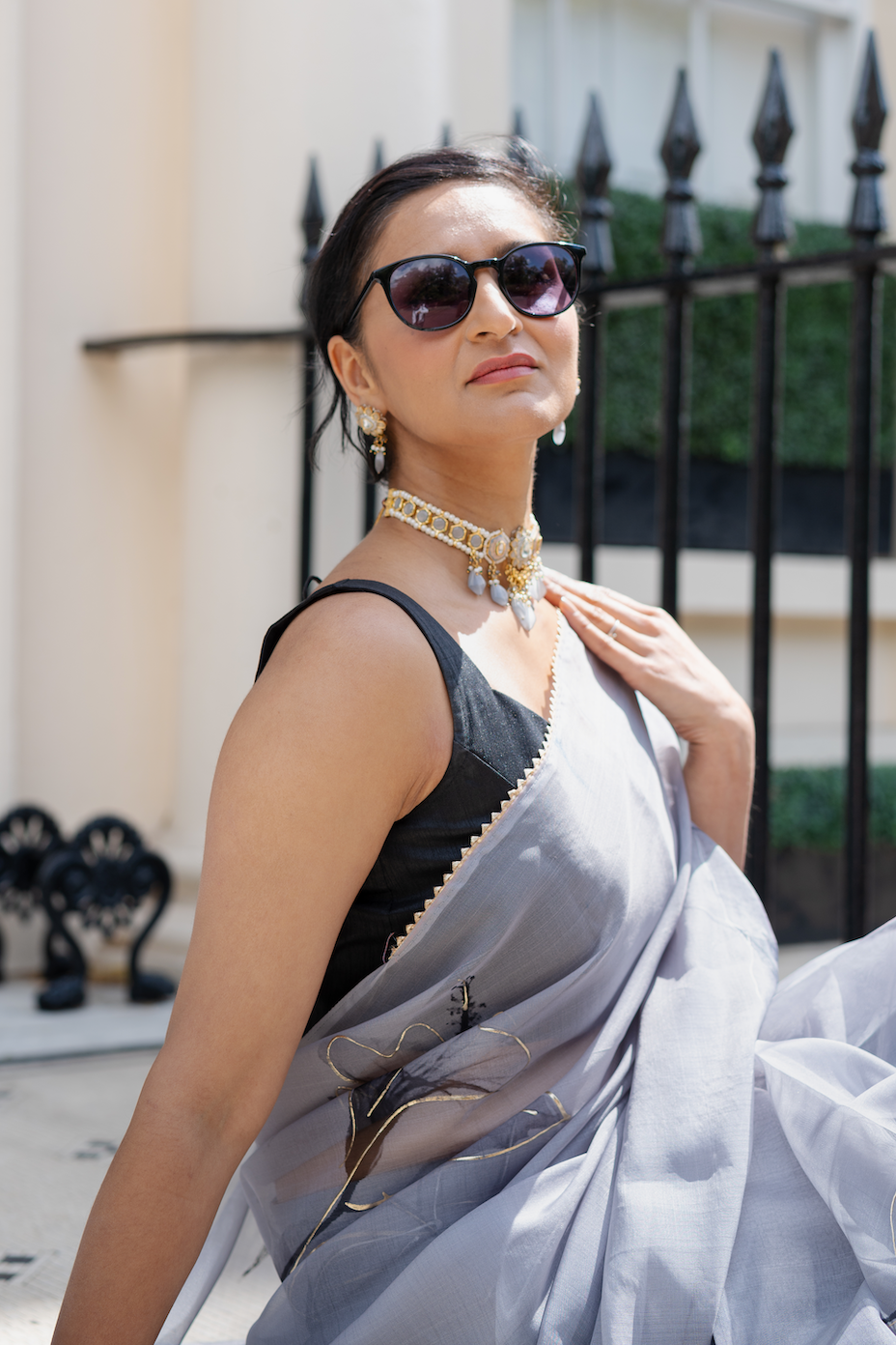 Grey and black pre-pleated organza sari