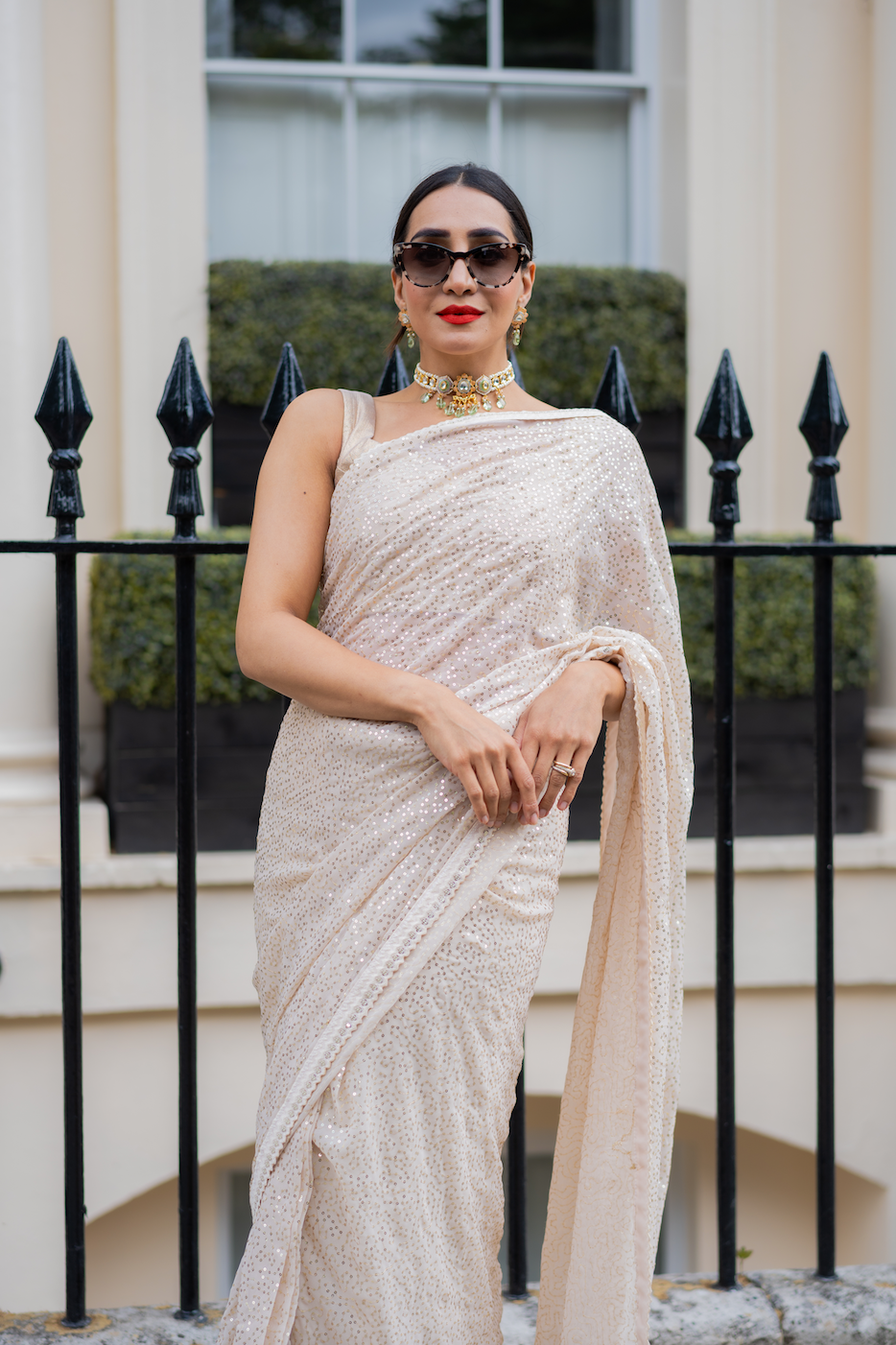 Gold pre-pleated sequin sari