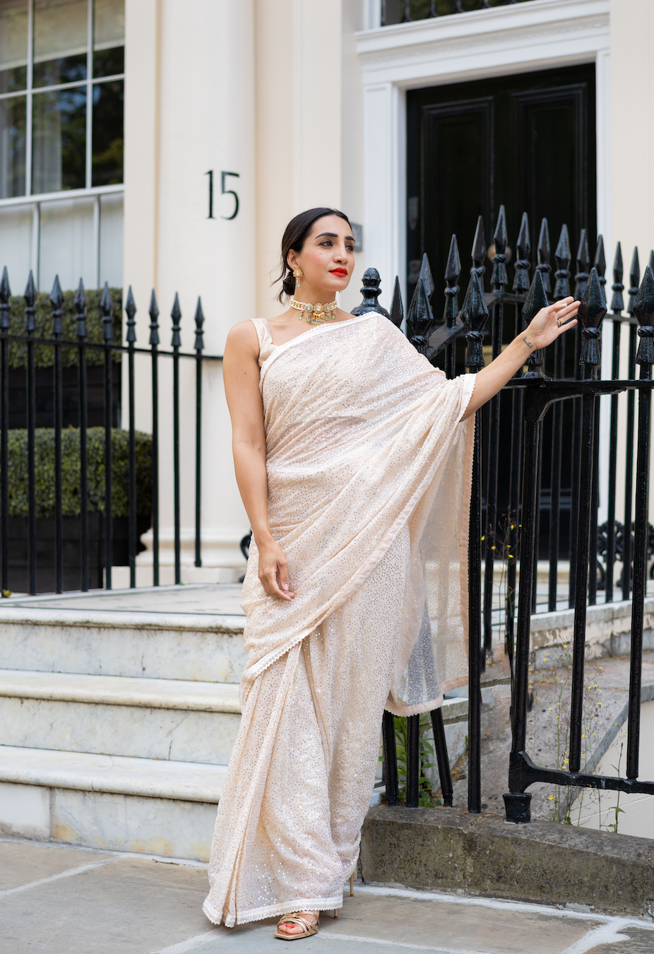 Gold pre-pleated sequin sari