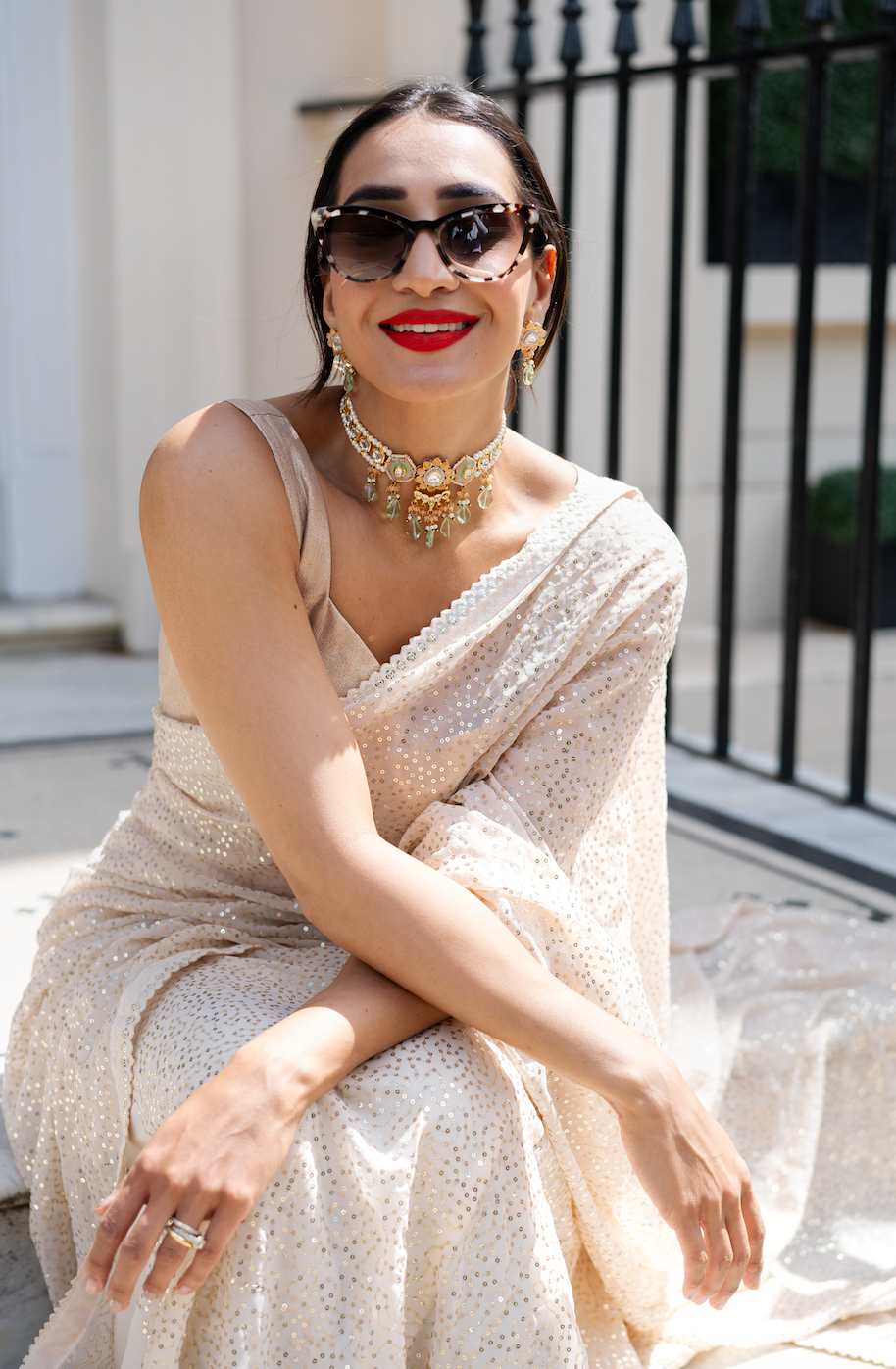 Gold pre-pleated sequin sari