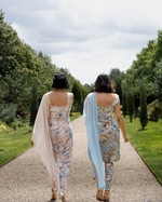 Blue floral jacquard trouser suit