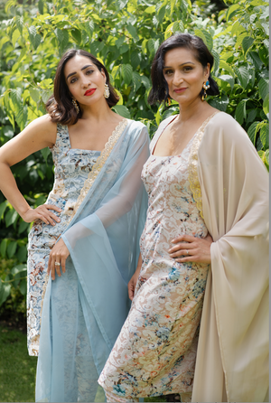 Blue floral jacquard trouser suit