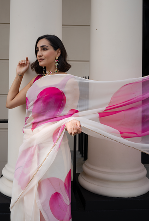 Ivory and cerise pre-pleated organza sari