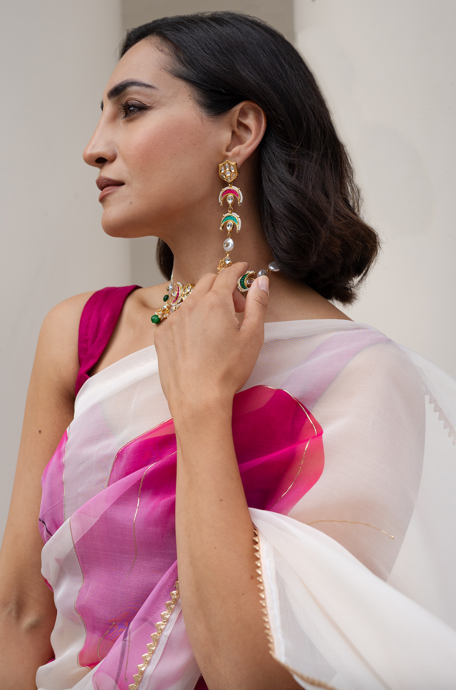 Ivory and cerise pre-pleated organza sari