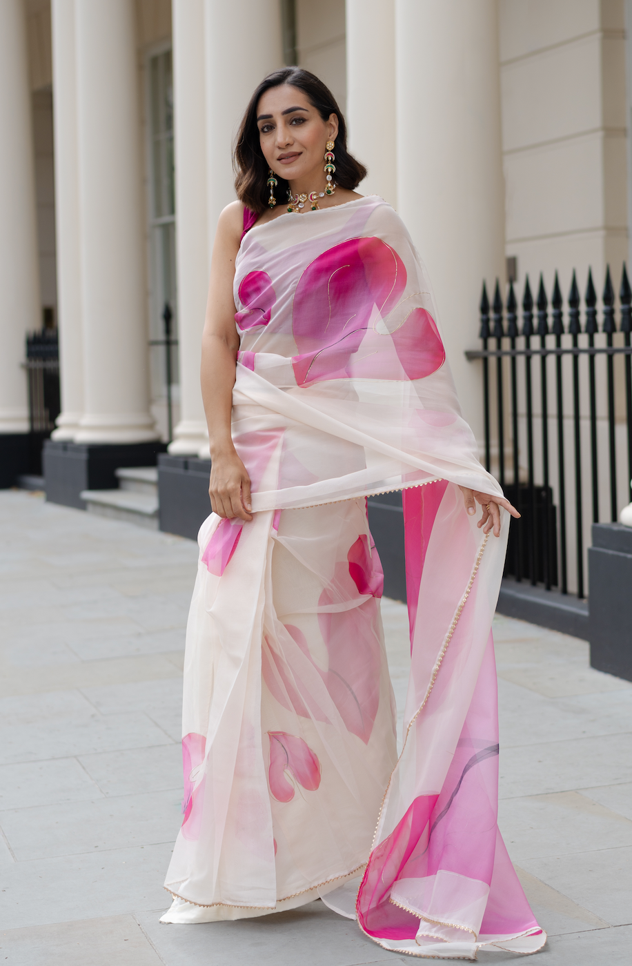 Ivory and cerise pre-pleated organza sari