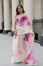 Ivory and cerise pre-pleated organza sari