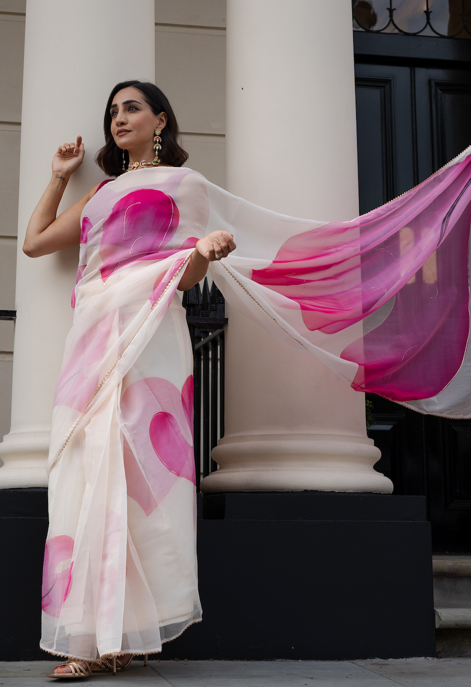 Ivory and cerise pre-pleated organza sari