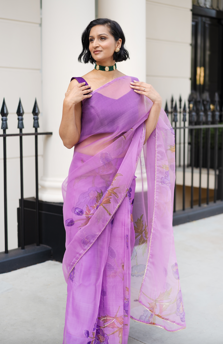 Lilac pre-pleated organza sari