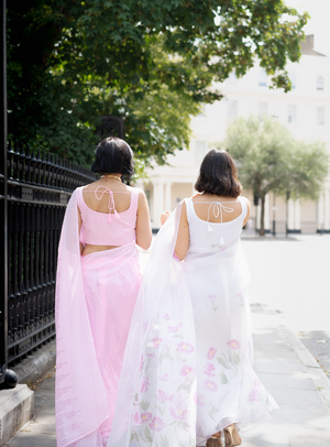 Pink pre-pleated sequin sari