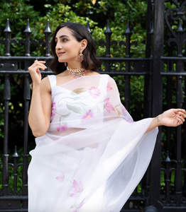 White pre-pleated organza sari