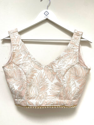 Pink and cream leaf brocade lehenga top