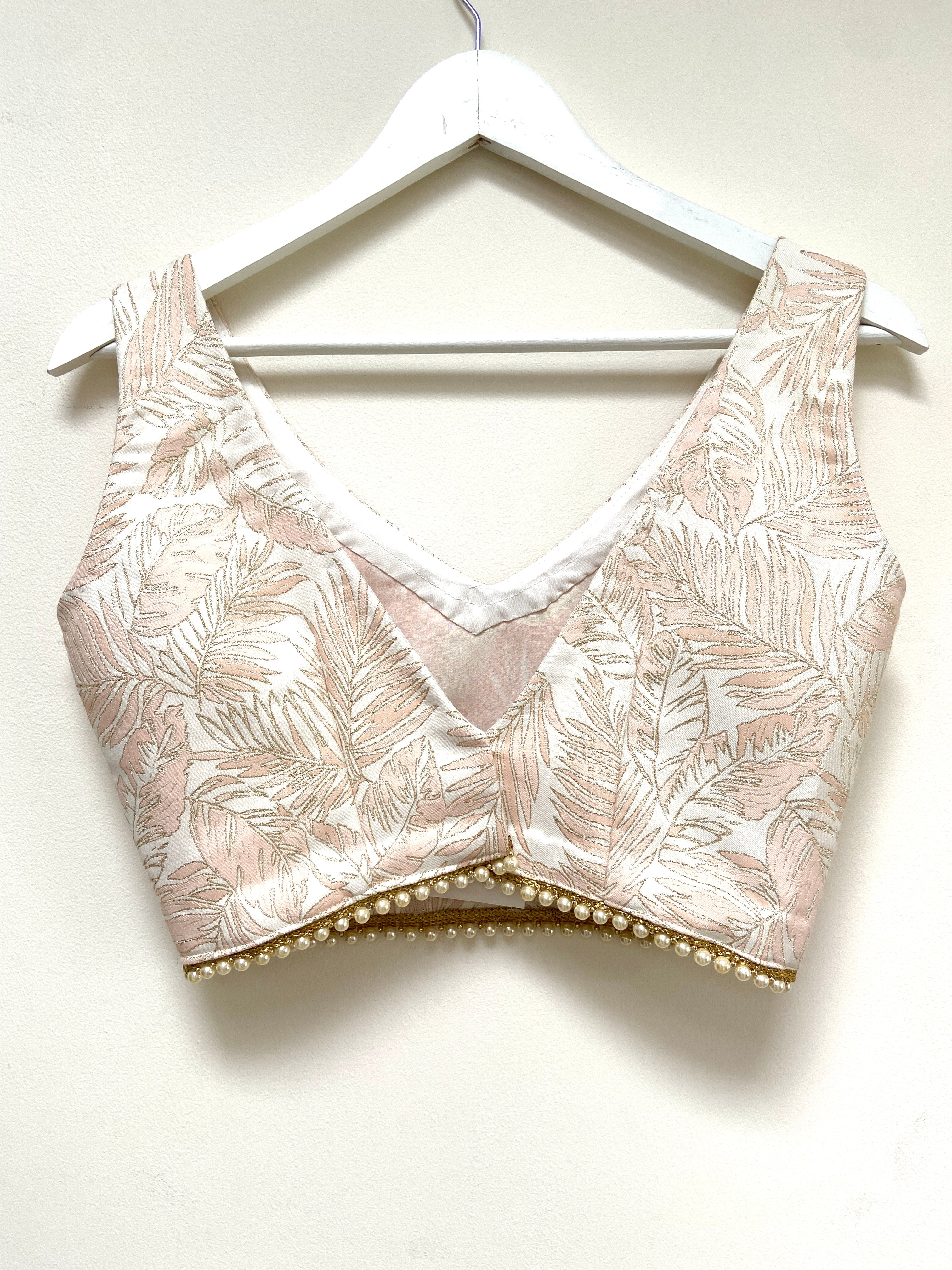 Pink and cream leaf brocade lehenga top