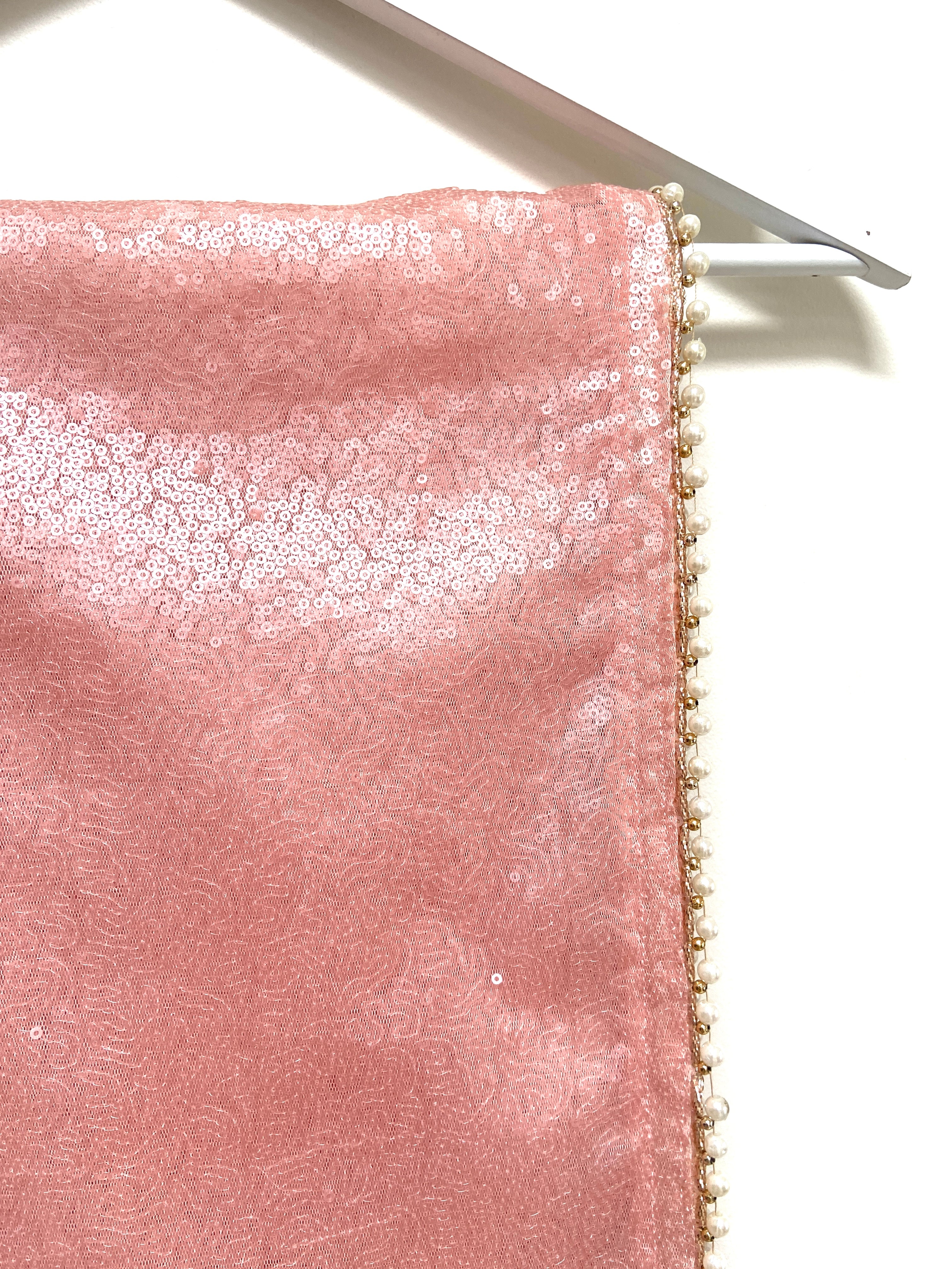 Pink sequin dupatta with beaded trim