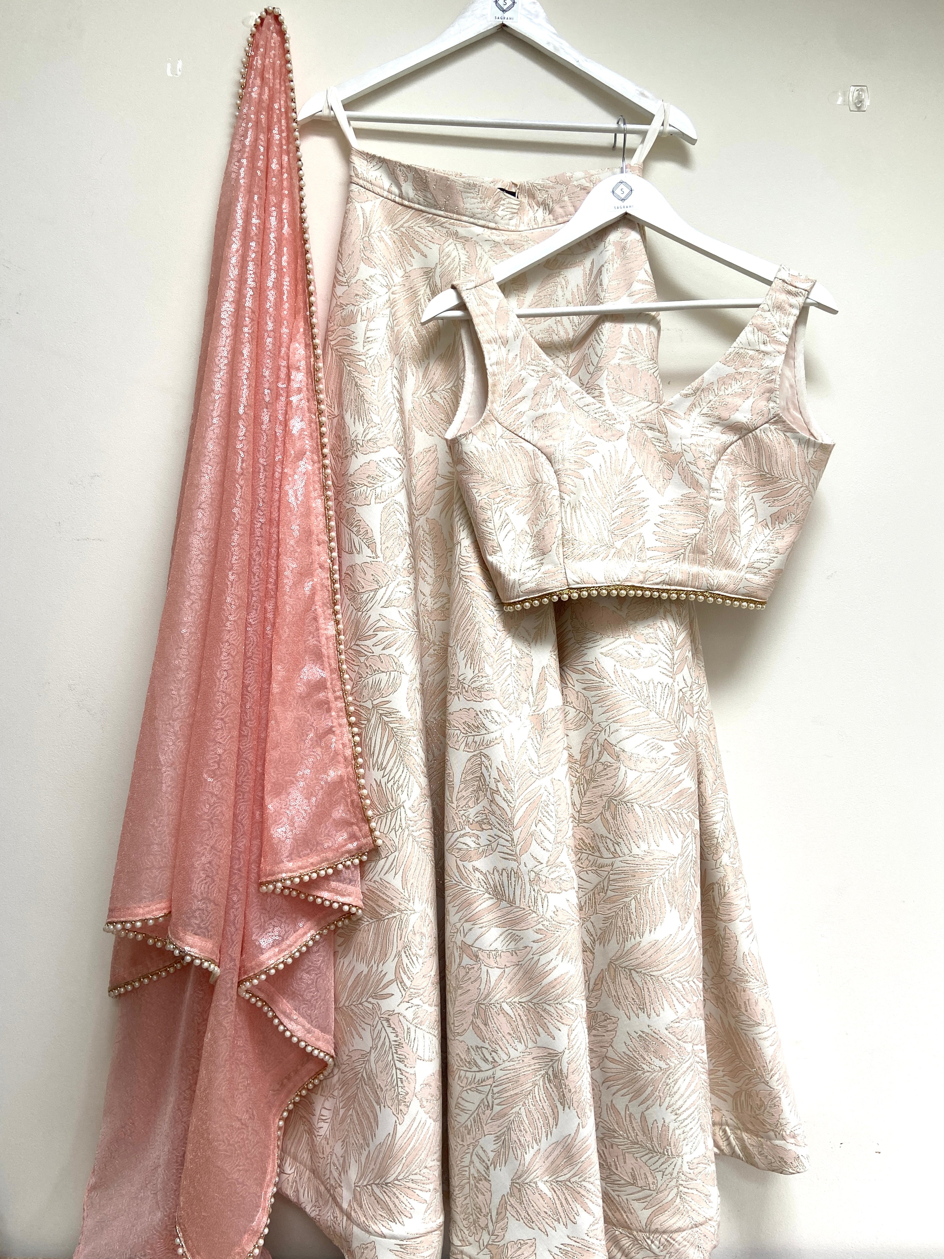 Pink and cream leaf brocade lehenga top