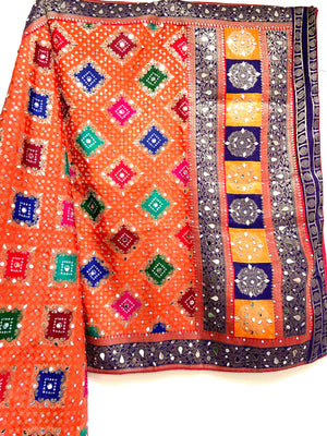 Silk jacquard mirror dupatta with bandhaj work - Orange