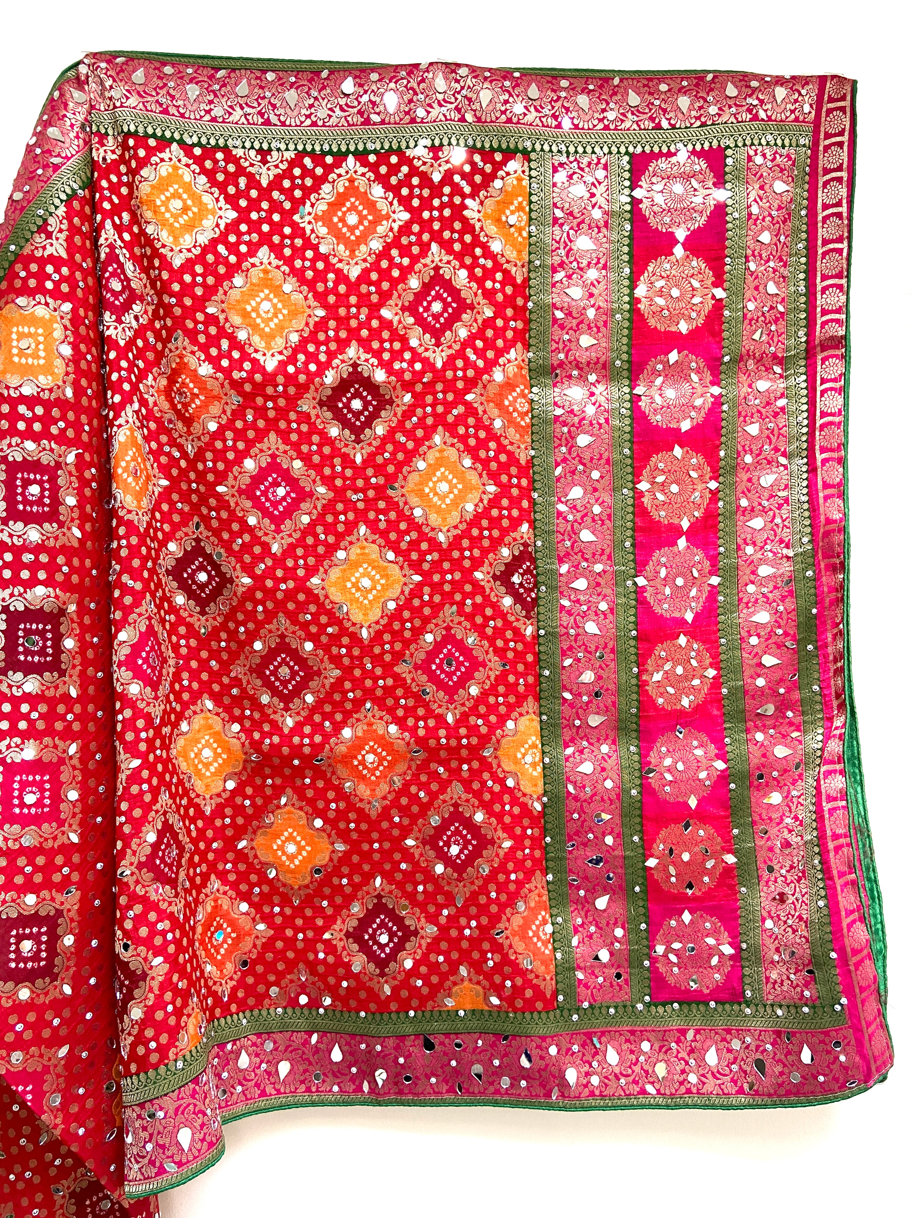 Silk jacquard bandhej mirror dupatta - Red