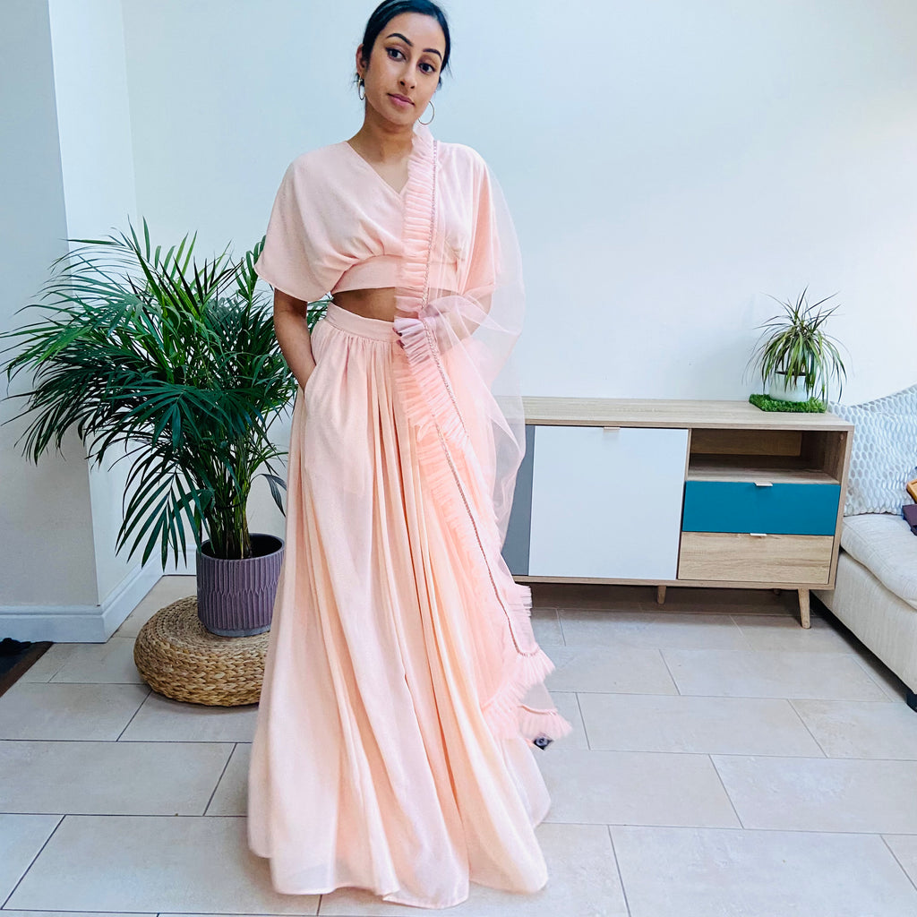 Peach gold dot lehenga with choice of dupatta