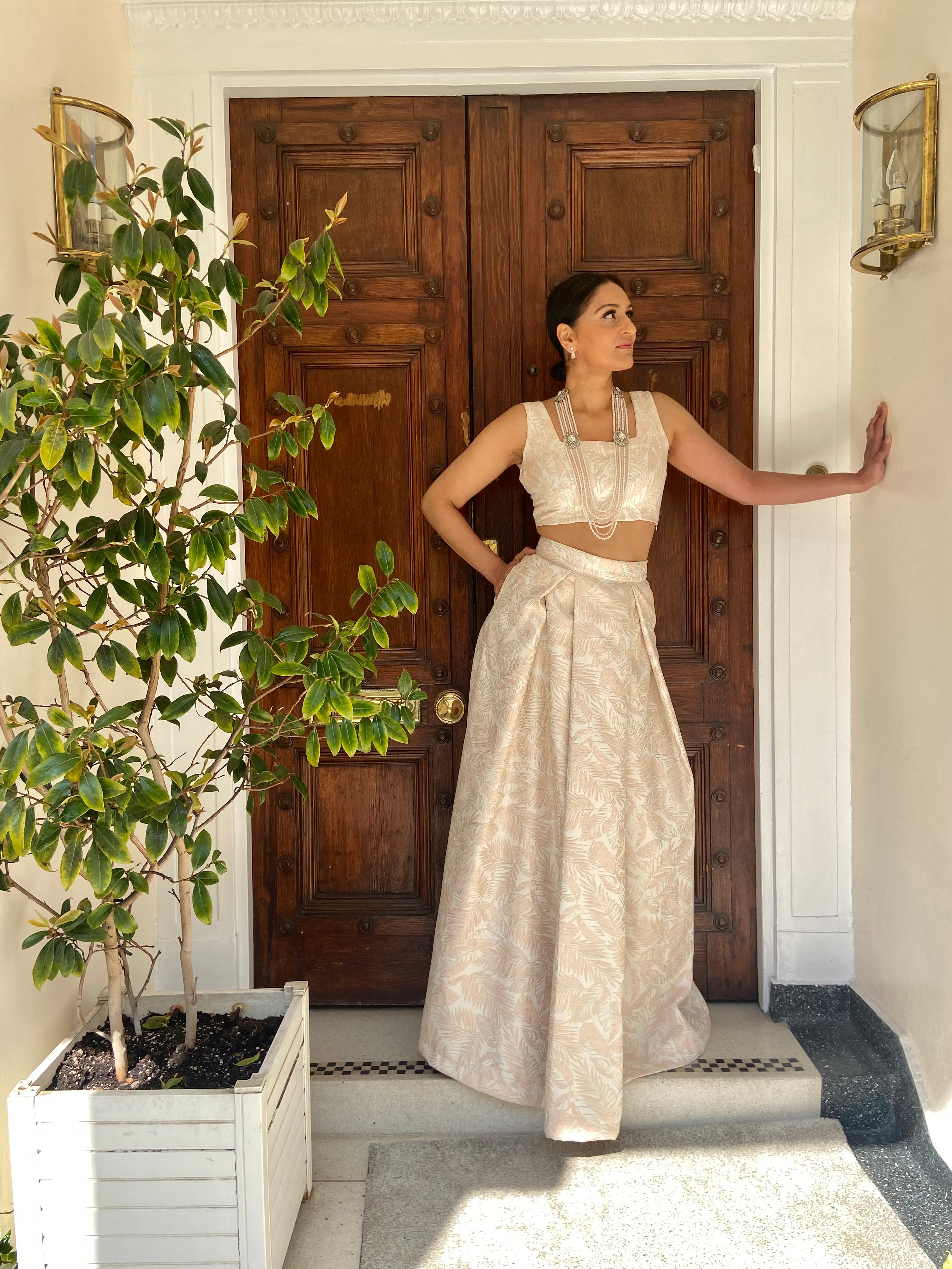 Pink and cream leaf brocade lehenga set