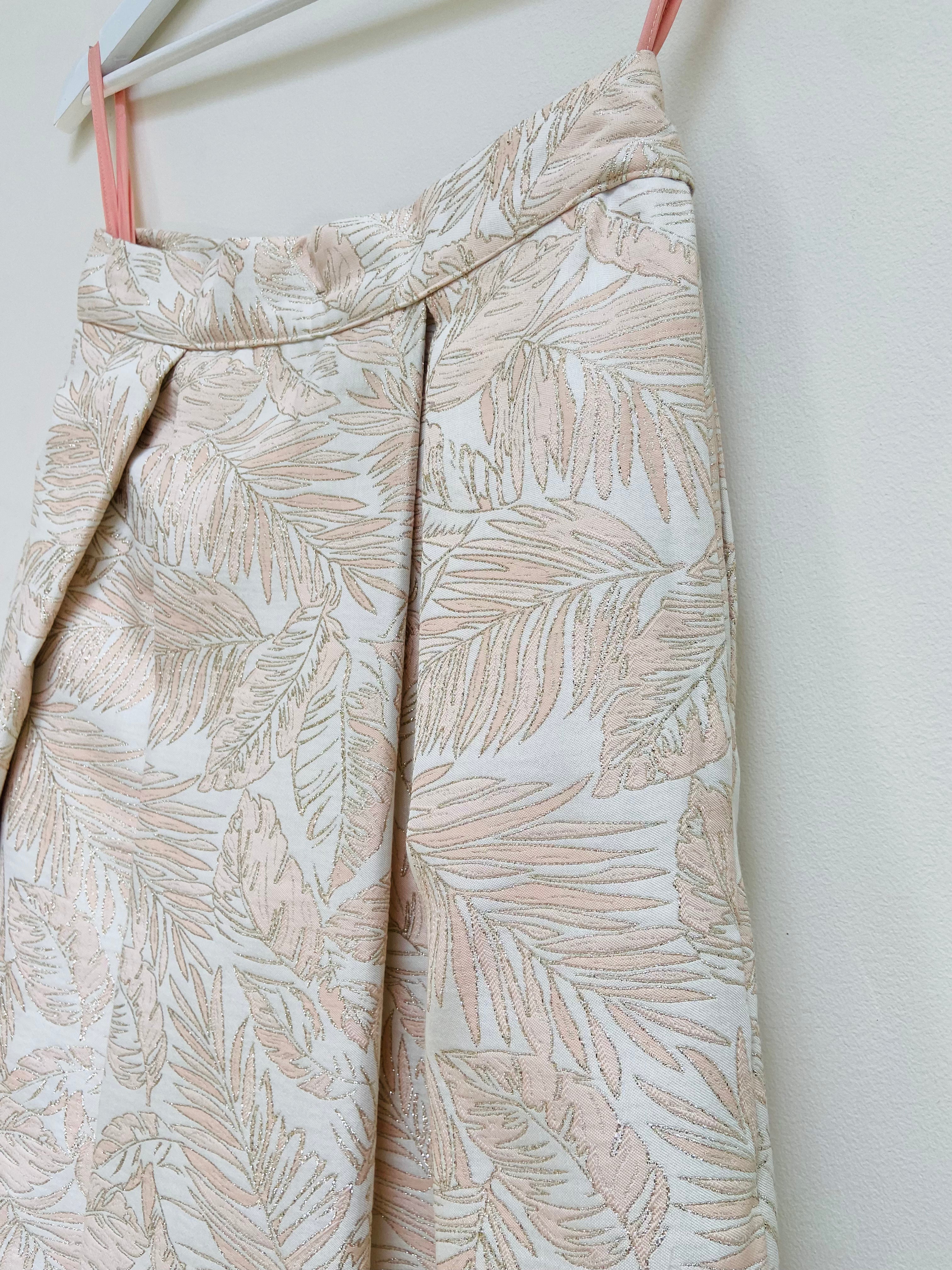 Pink and cream leaf brocade lehenga skirt