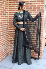 Green and gold brocade lehenga set with choice of top