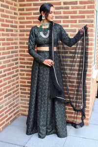 Green and gold brocade lehenga set with choice of top