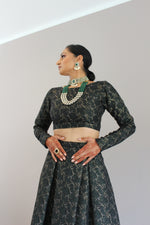 Green and gold brocade lehenga set with choice of top