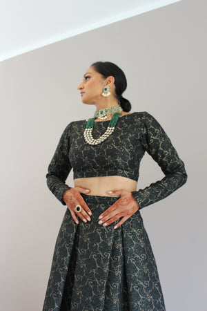 Green and gold brocade lehenga set with choice of top