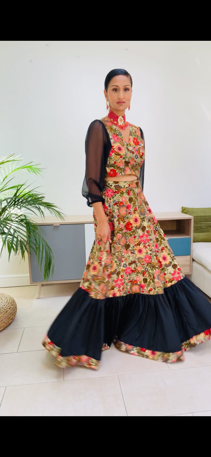 Floral sequin wrap over lehenga top