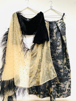 Textured art lehenga skirt with velvet bardot top and choice of dupatta