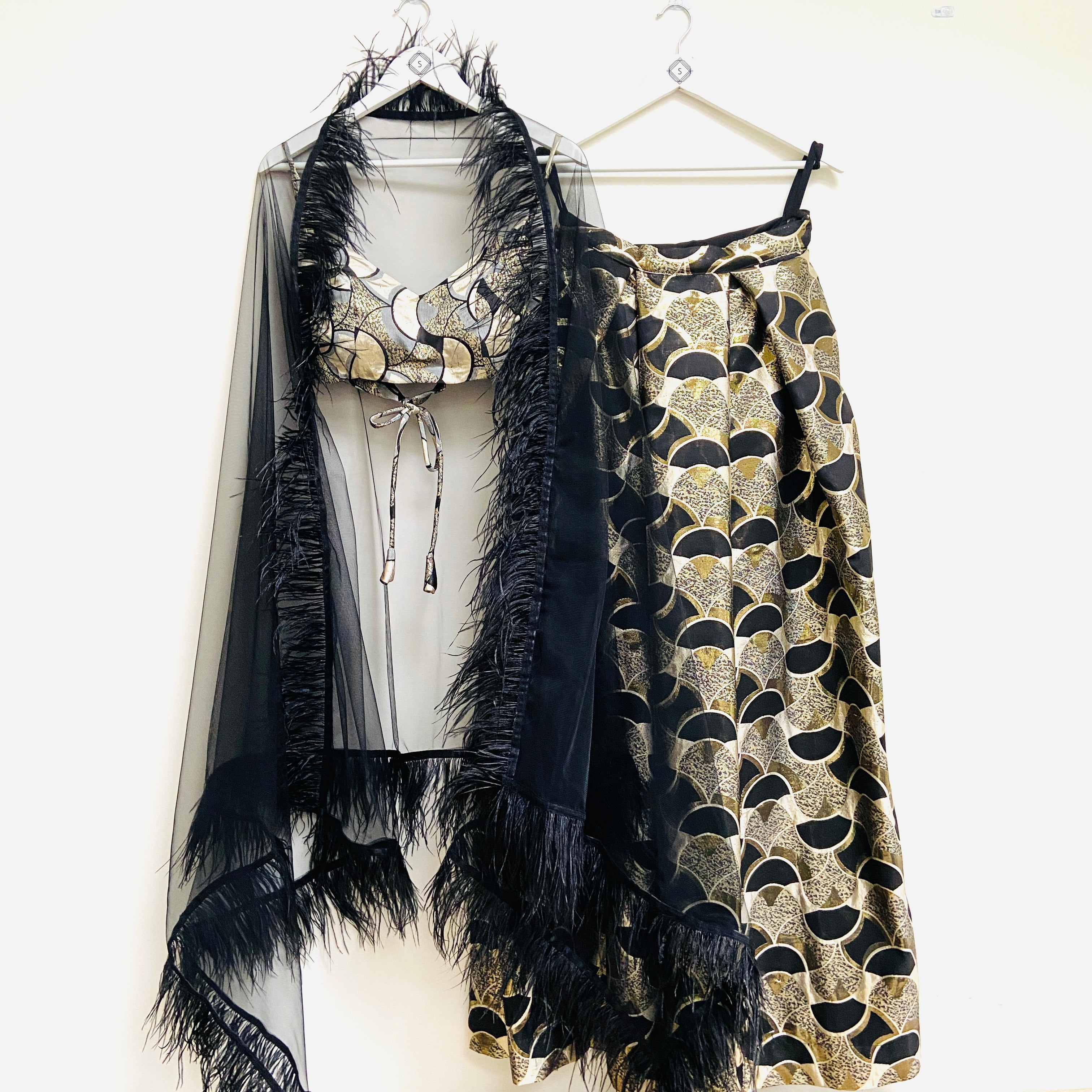 Art Deco fan black and gold lehenga skirt.