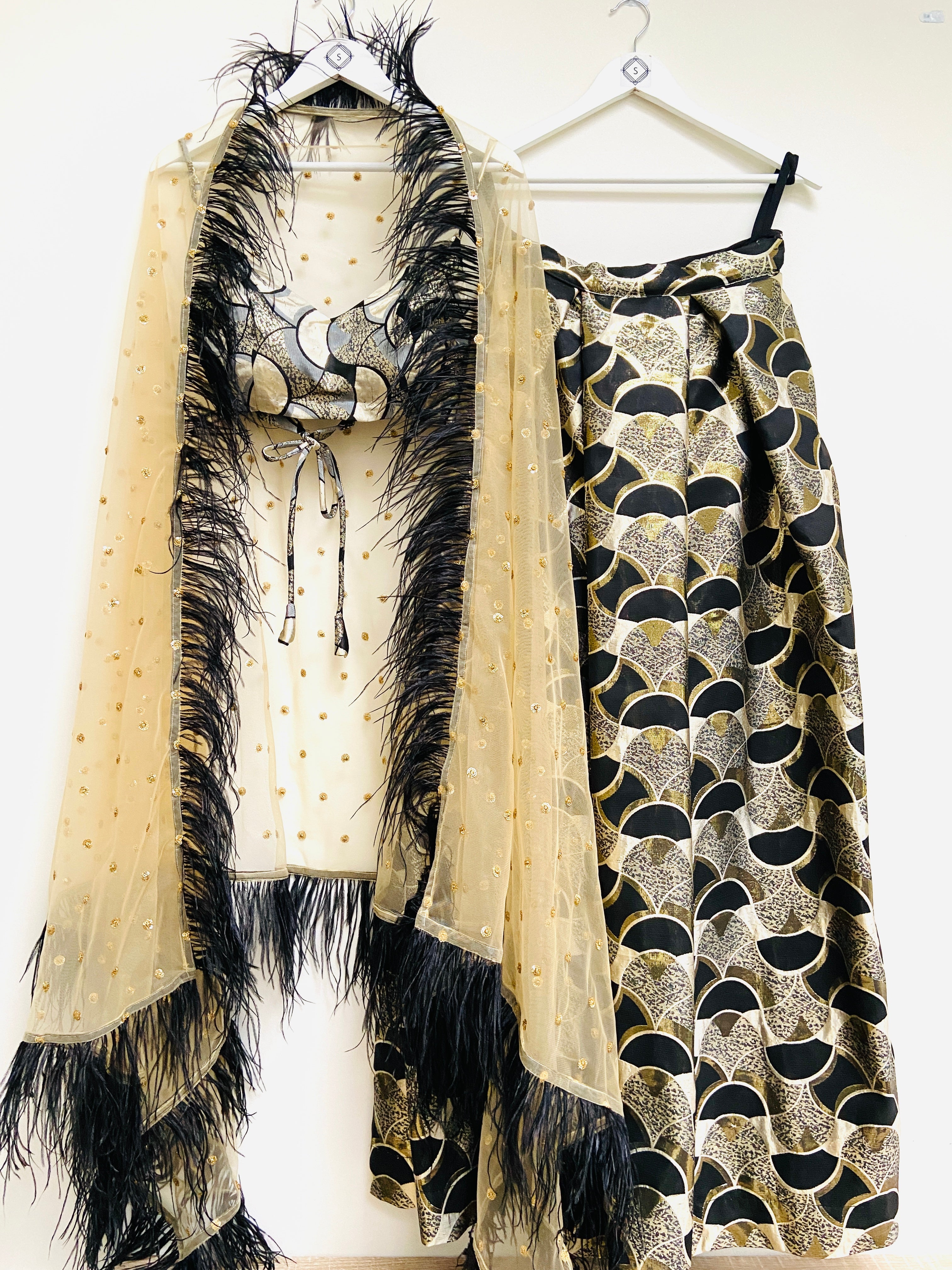 Art Deco Black and Gold Lehenga set with choice of dupatta