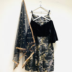 Textured art lehenga skirt with velvet bardot top and choice of dupatta