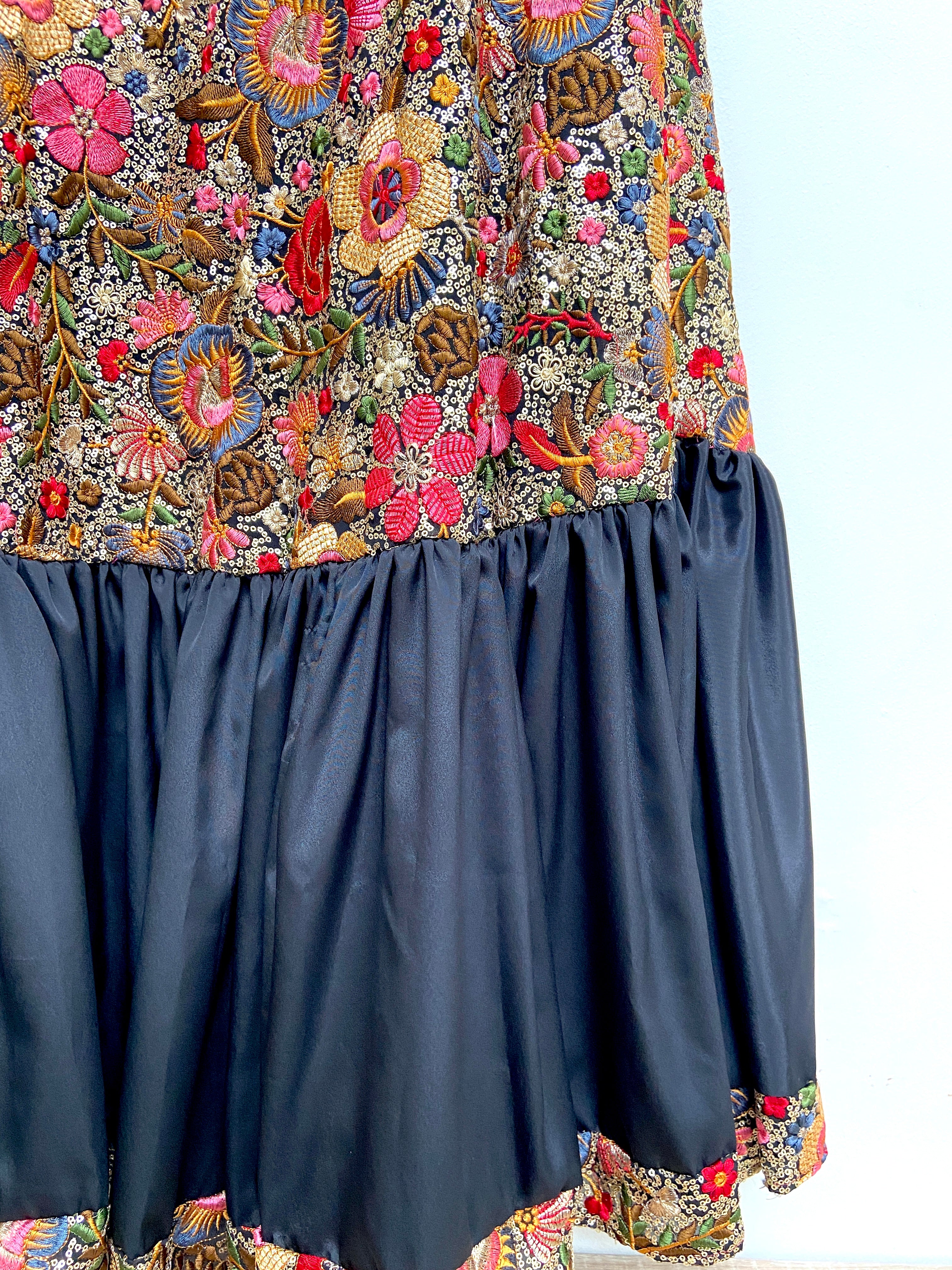 Floral sequin lehenga skirt with gathered trim