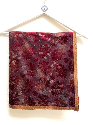 Floral velvet / net dupatta - Magenta