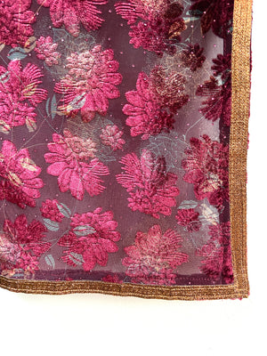 Floral velvet / net dupatta - Magenta