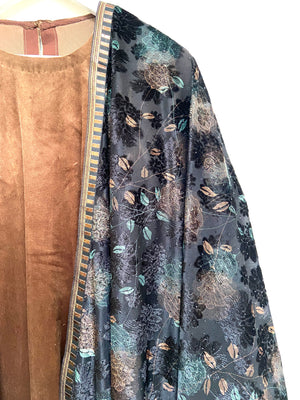 Floral velvet / net dupatta - Black