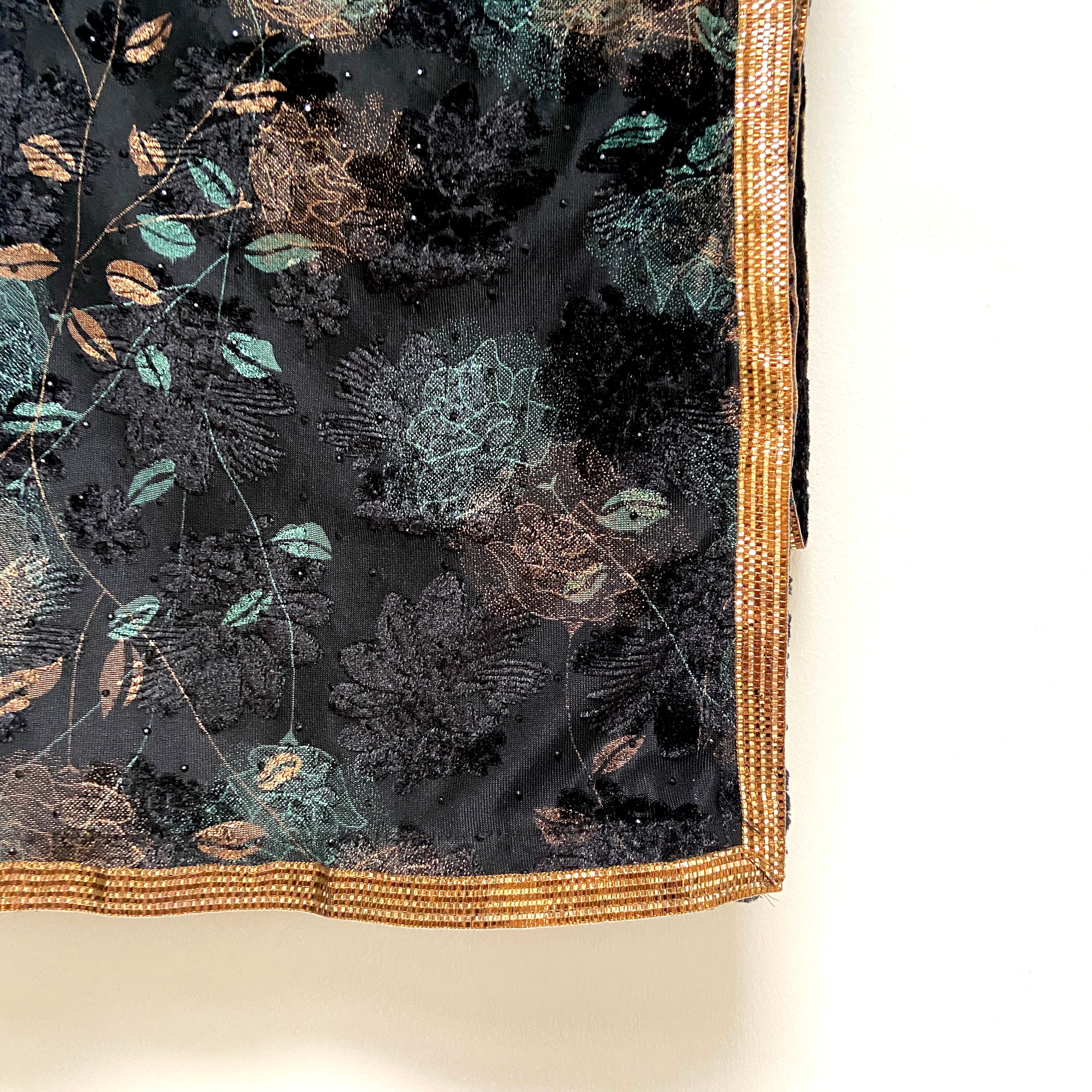 Floral velvet / net dupatta - Black