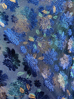 Floral velvet / net dupatta - Royal blue
