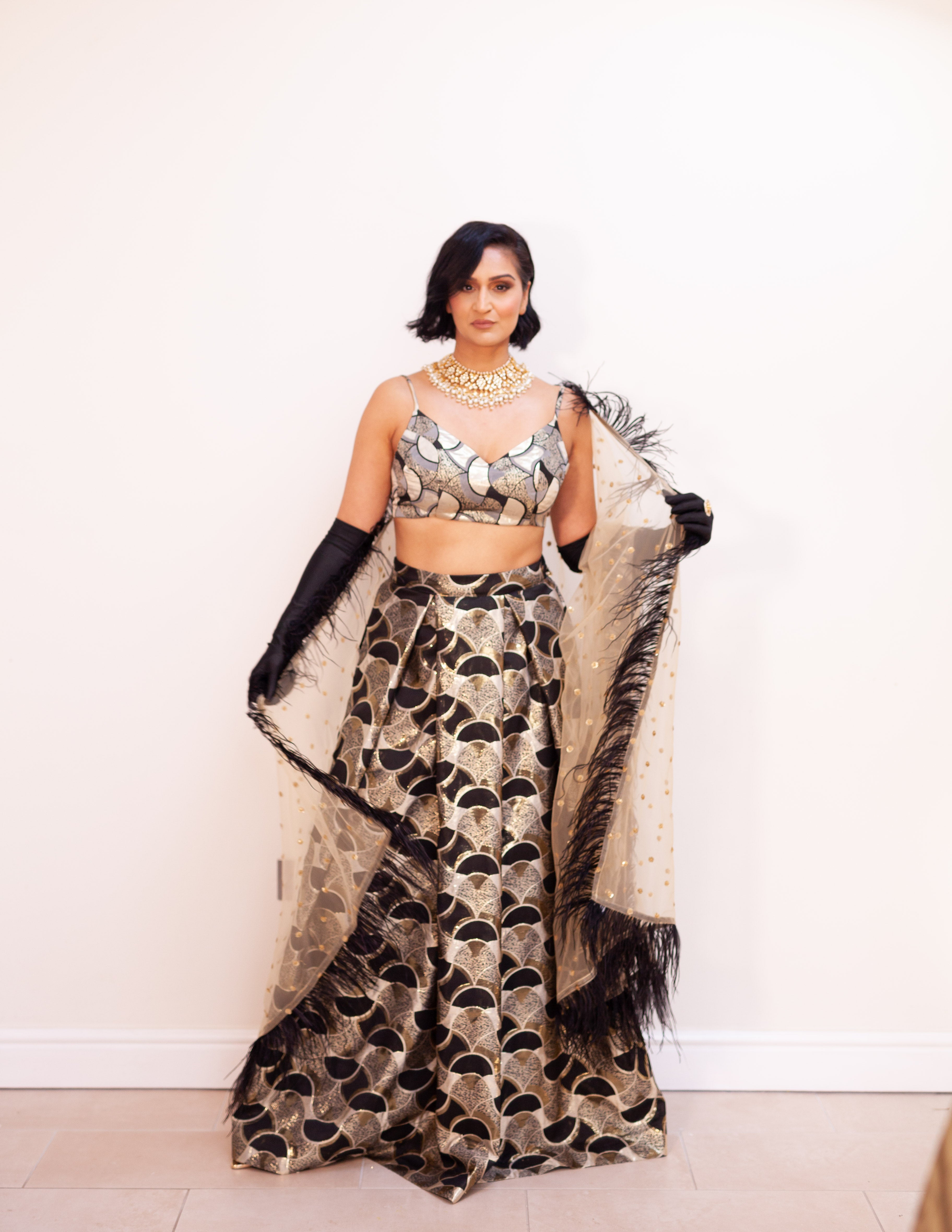 Art Deco Black and Gold Lehenga set with choice of dupatta