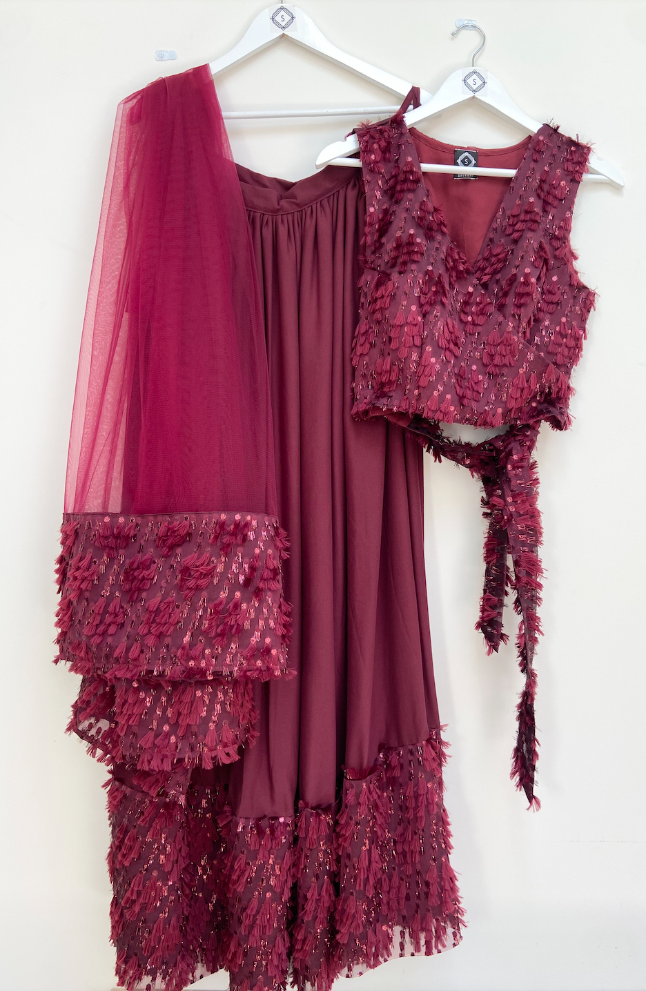 Plum jaquard wrap over lehenga top