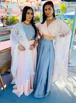 Pink and grey lehenga set with Zig Zag sequin dupatta