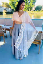 Pink and grey lehenga set with Zig Zag sequin dupatta