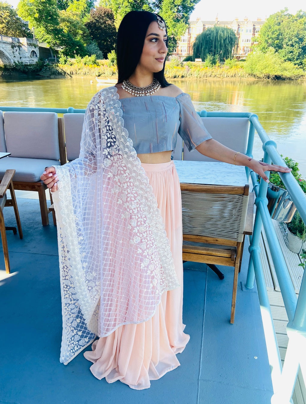 Pink and grey lehenga set with sequin dupatta
