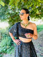 Green brocade one shoulder top