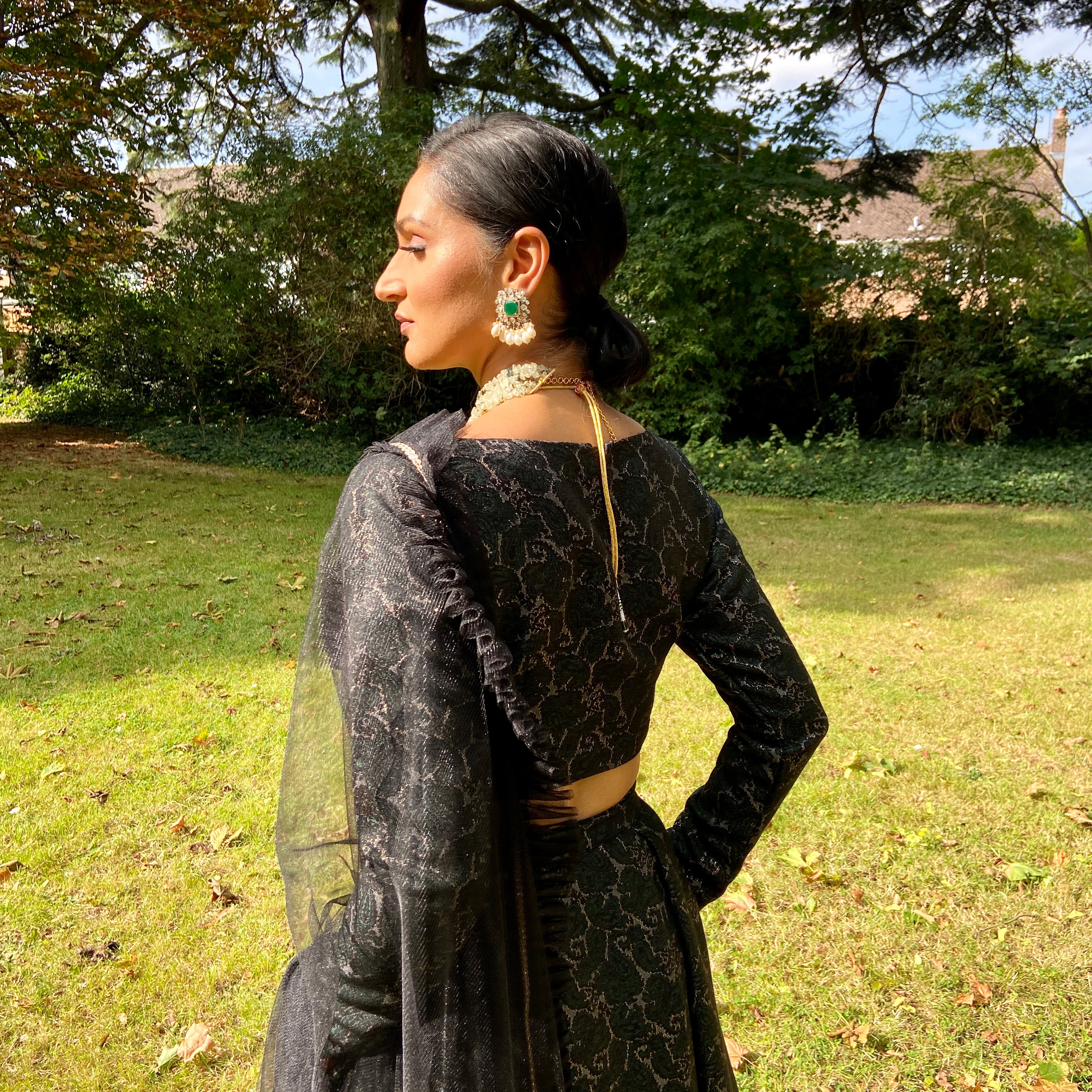 Green brocade top