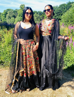 Floral sequin lehenga skirt with gathered trim