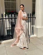 Pink and cream leaf brocade lehenga set